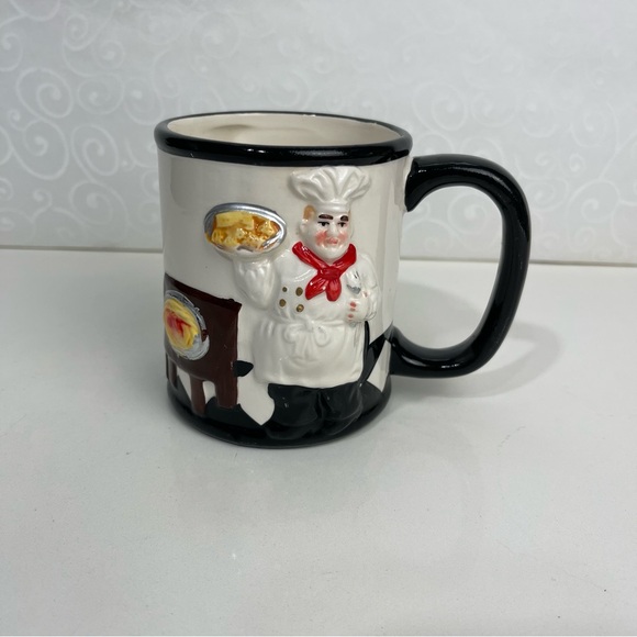 Coffee Mug Fat Chef Black White Baker Bas Relief Triple Side 14 Oz - Picture 3 of 10